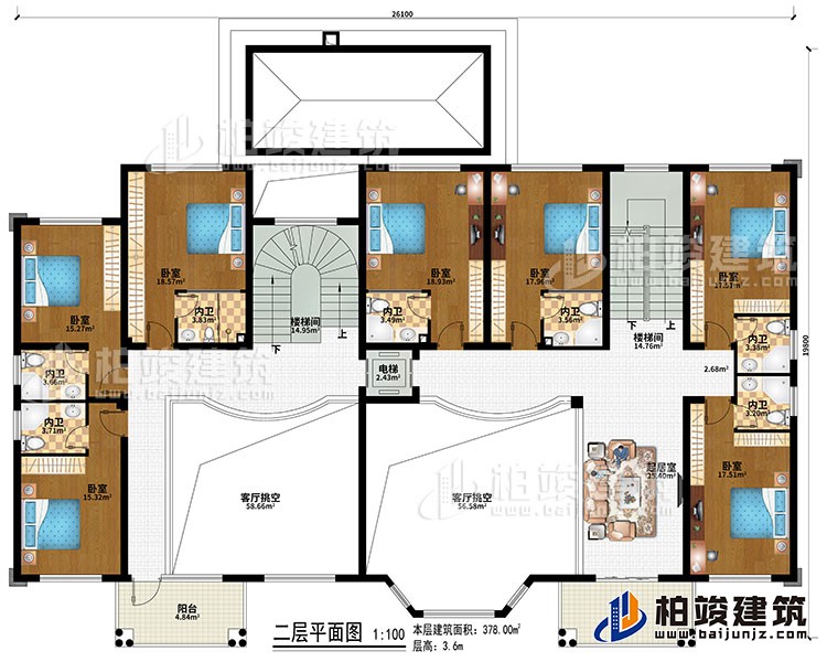 二層：2樓梯間、2客廳挑空、起居室、7臥室、7內(nèi)衛(wèi)、電梯、2陽臺