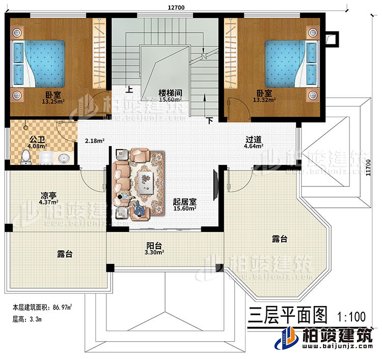 三層：樓梯間、過道、起居室、2臥室、公衛(wèi)、涼亭、陽臺(tái)、2露臺(tái)