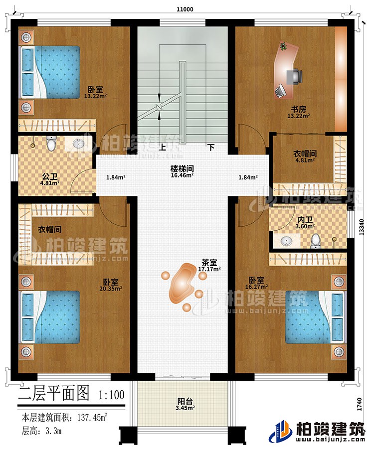 二層：樓梯間、3臥室、2衣帽間、書房、茶室、公衛(wèi)、內(nèi)衛(wèi)、陽臺