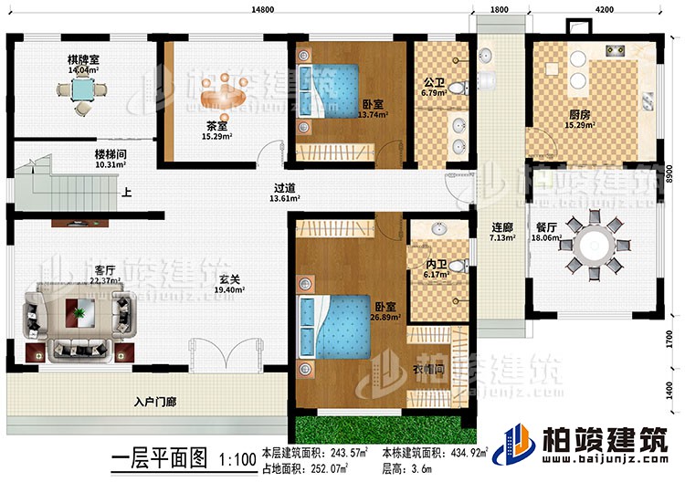 一層：入戶門廊、客廳、玄關(guān)、樓梯間、過道、棋牌室、茶室、餐廳、廚房、2臥室、衣帽間、公衛(wèi)、內(nèi)衛(wèi)、連廊