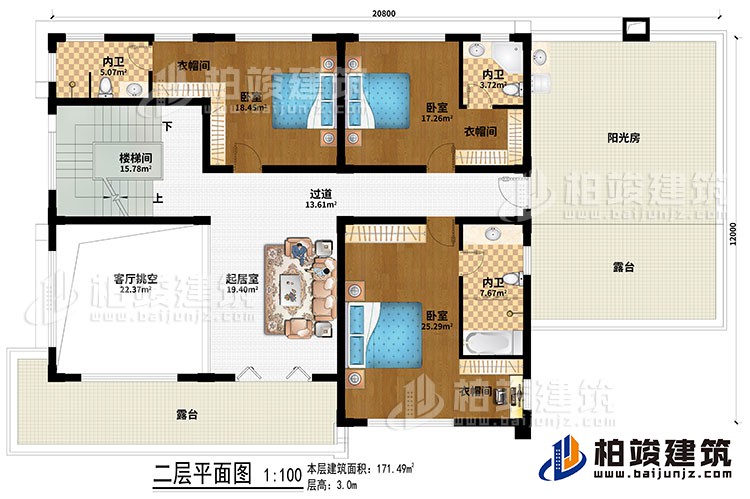 二層：樓梯間、客廳挑空、起居室、過道、3臥室、3衣帽間、3內(nèi)衛(wèi)、陽光房、2露臺