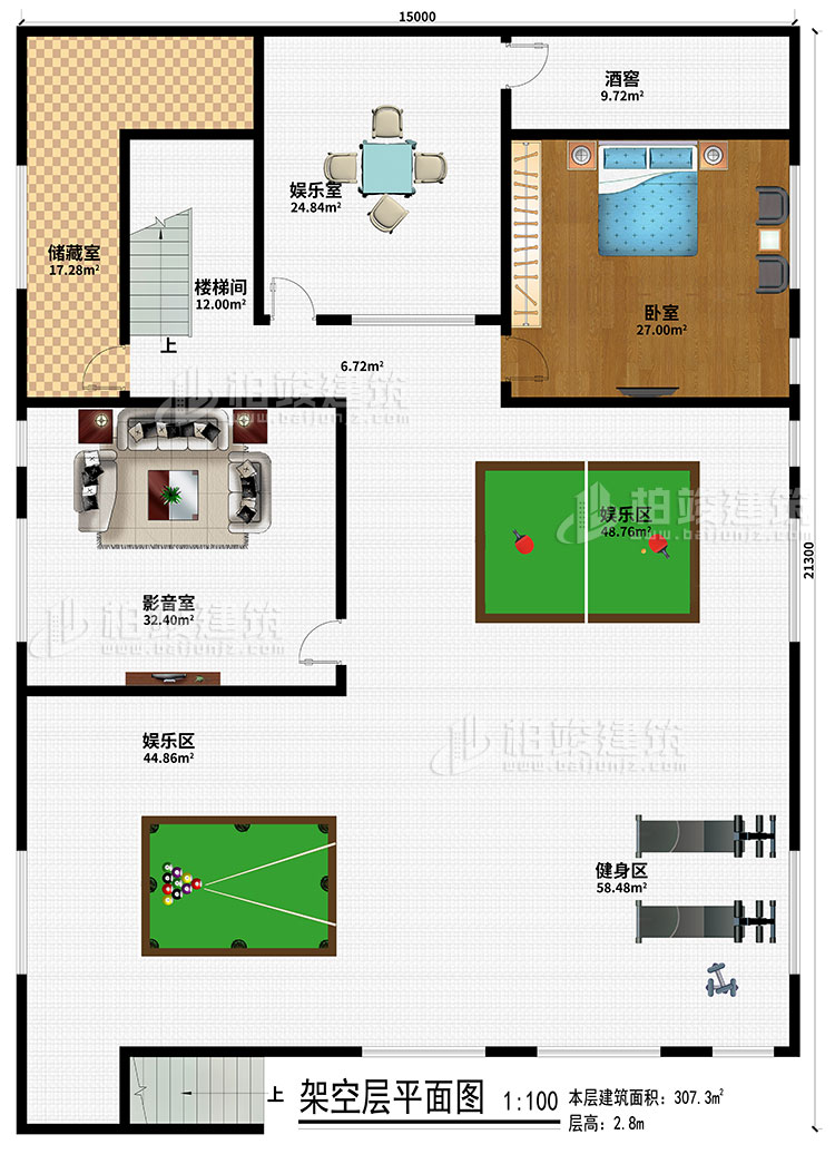 架空層：儲(chǔ)藏室、樓梯間、娛樂(lè)室、酒窖、臥室、影音室、2娛樂(lè)區(qū)、健身區(qū)