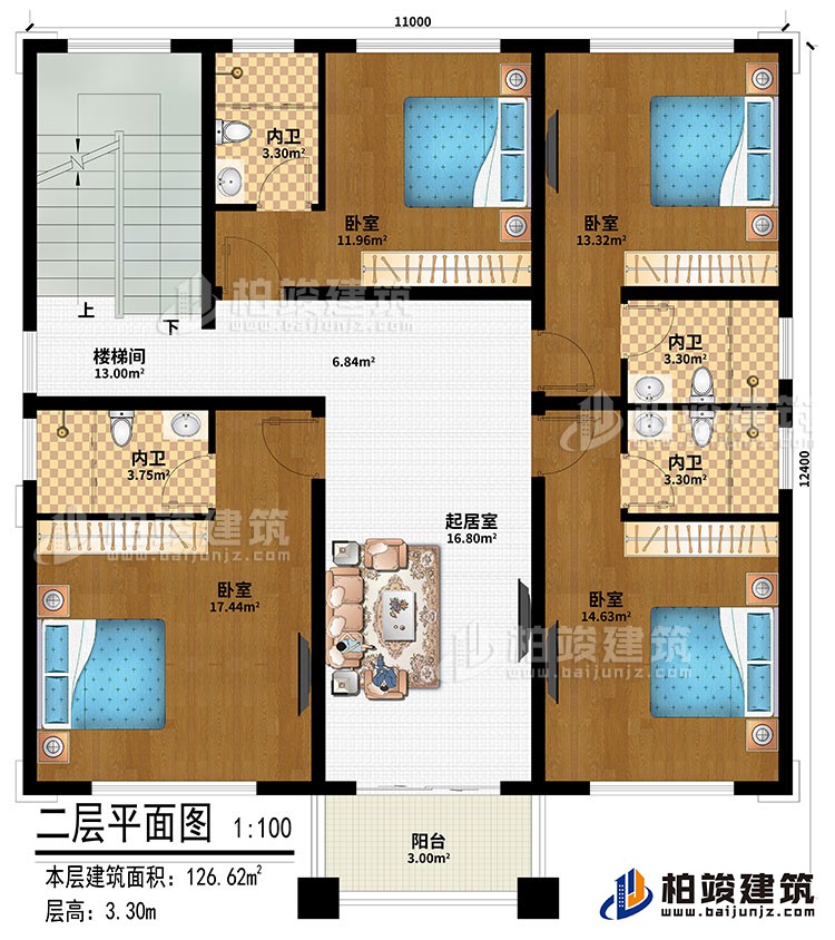 二層：起居室、樓梯間、4臥室、4內(nèi)衛(wèi)、陽(yáng)臺(tái)