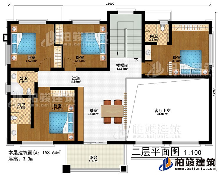 二層：樓梯間、茶室、客廳上空、4臥室、過道、公衛(wèi)、2內衛(wèi)、陽臺