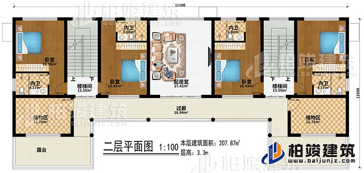 二層：起居室、2樓梯間、4臥室、4內(nèi)衛(wèi)、2儲物間、過廊、2露臺