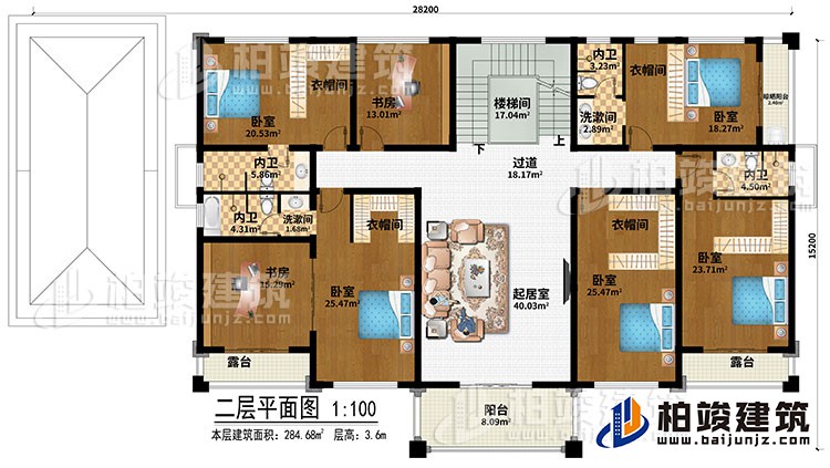 二層：樓梯間、過道、起居室、2書房、5臥室、2洗漱間、4衣帽間、晾曬陽臺、陽臺、2露臺、4內(nèi)衛(wèi)