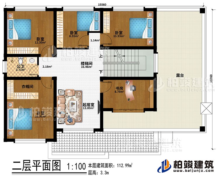 二層：樓梯間、起居室、4臥室、衣帽間、書房、公衛(wèi)、露臺